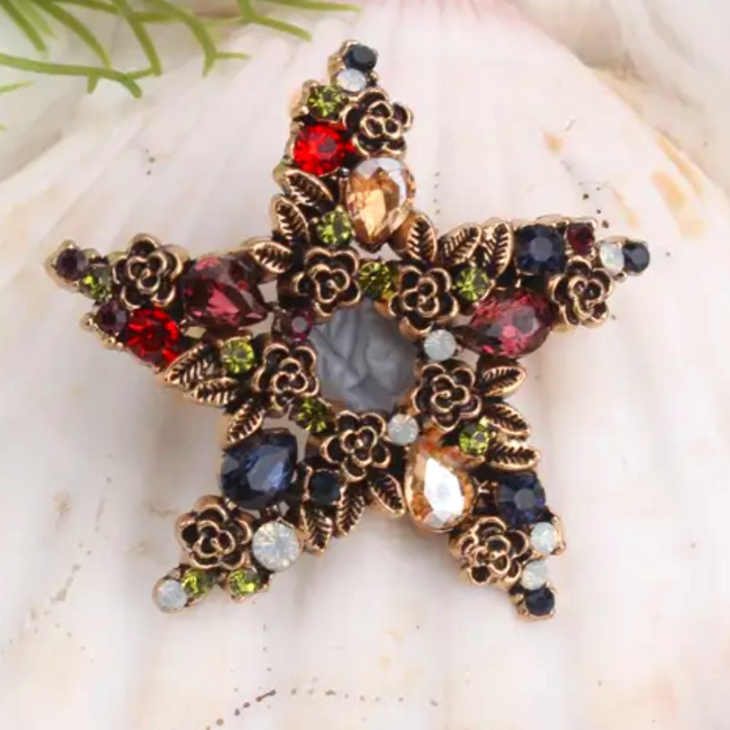 Floral Star Gemstone Brooch - Pin - Bag Charm -